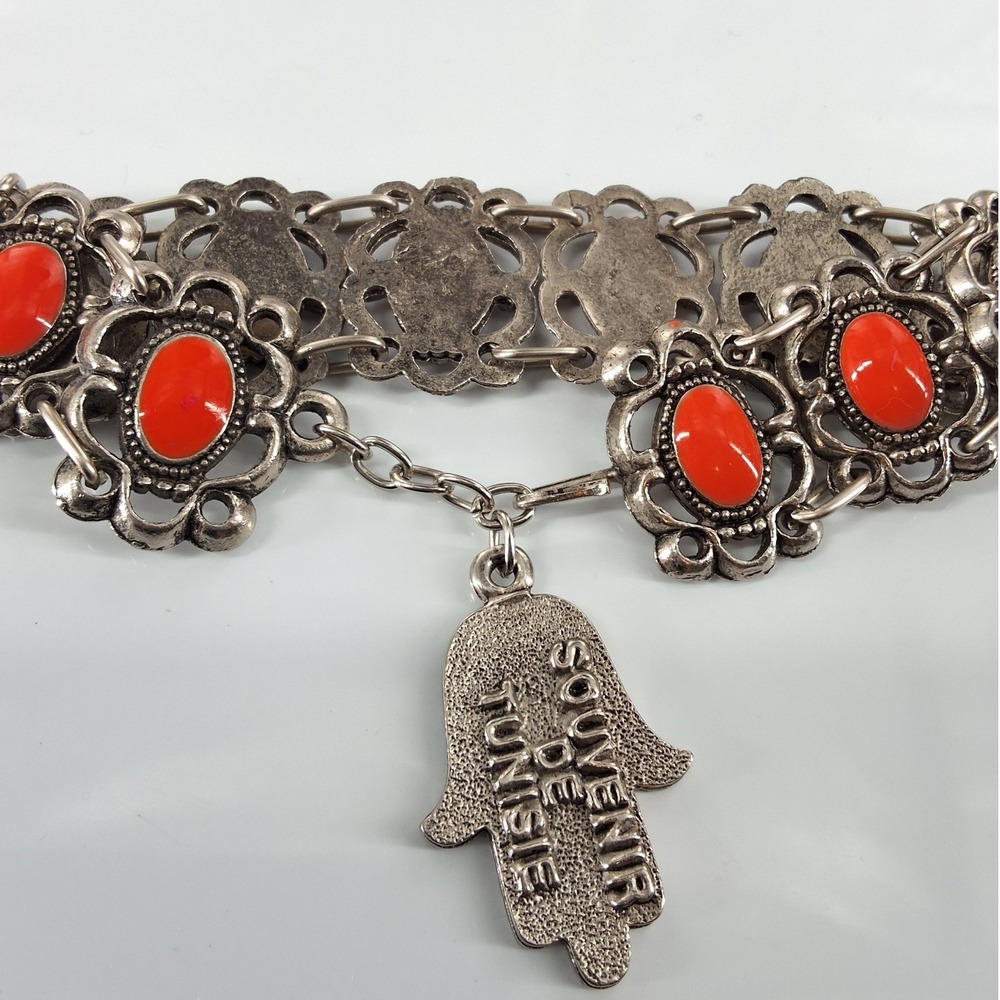 Vtg Souvenir de Tunisie Hamsa Hand Orange Lucite Link Bracelet